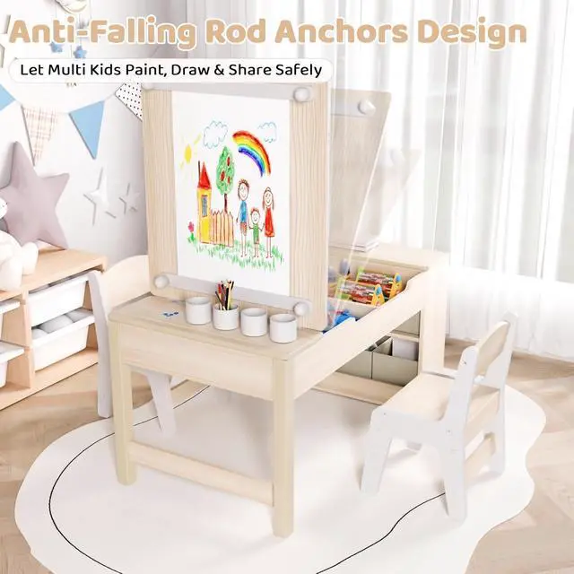 Alt view image 6 of 6 - Kids Art Table and Chairs Set, 3 in 1 Toddler Craft Desk w/Easel, Sturdy Wood Activity Table w/Large Drawing Tabletop, Paint Cups, Removable Bins, Paper Roll for Home Classroom Daycare