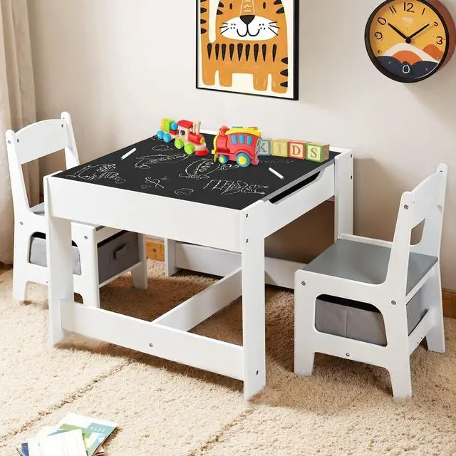 Main image of Kids Table and 2 Chairs Set, 2 in 1 Detachable Tabletop, Storage Space W/Storage Drawers, 3 in 1 Wooden Activity Play Table Set for Toddlers Arts, Crafts, Drawing, Reading, Gray
