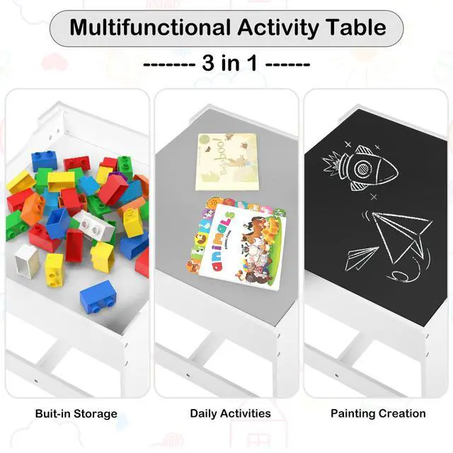 Alt view image 2 of 6 - Kids Table and 2 Chairs Set, 2 in 1 Detachable Tabletop, Storage Space W/Storage Drawers, 3 in 1 Wooden Activity Play Table Set for Toddlers Arts, Crafts, Drawing, Reading, Gray