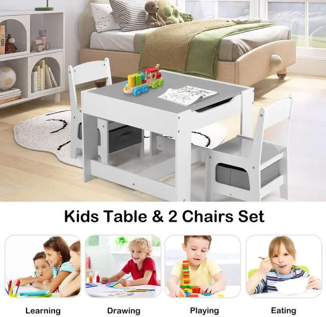 Alt view image 3 of 6 - Kids Table and 2 Chairs Set, 2 in 1 Detachable Tabletop, Storage Space W/Storage Drawers, 3 in 1 Wooden Activity Play Table Set for Toddlers Arts, Crafts, Drawing, Reading, Gray