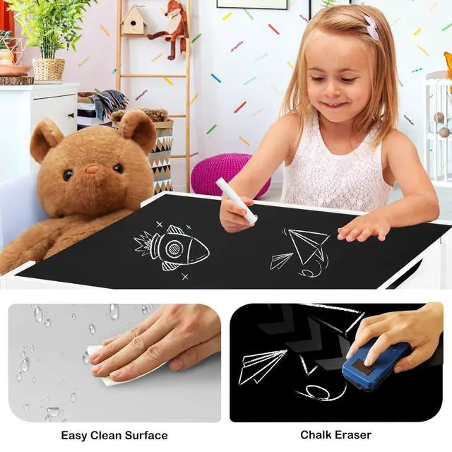 Alt view image 4 of 6 - Kids Table and 2 Chairs Set, 2 in 1 Detachable Tabletop, Storage Space W/Storage Drawers, 3 in 1 Wooden Activity Play Table Set for Toddlers Arts, Crafts, Drawing, Reading, Gray