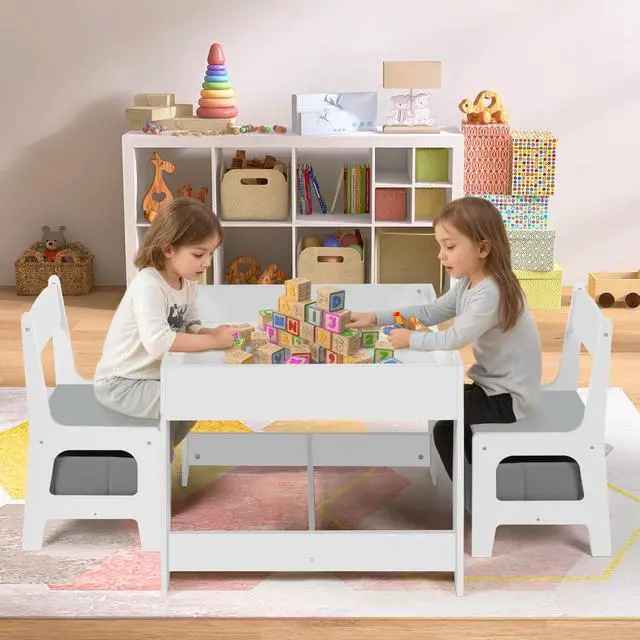 Alt view image 5 of 6 - Kids Table and 2 Chairs Set, 2 in 1 Detachable Tabletop, Storage Space W/Storage Drawers, 3 in 1 Wooden Activity Play Table Set for Toddlers Arts, Crafts, Drawing, Reading, Gray