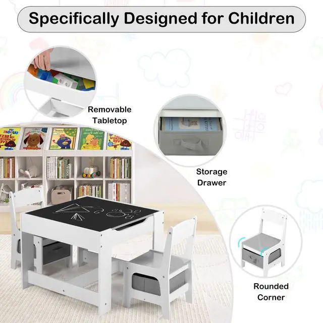 Alt view image 6 of 6 - Kids Table and 2 Chairs Set, 2 in 1 Detachable Tabletop, Storage Space W/Storage Drawers, 3 in 1 Wooden Activity Play Table Set for Toddlers Arts, Crafts, Drawing, Reading, Gray