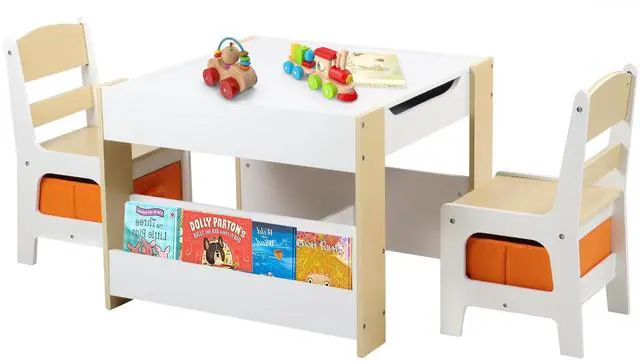 Main image of Kids Table and Chair Set, 4-in-1 Wood Activity Table w/Storage Bins, Detachable Tabletop, Blackboard, Bookshelf, Toddler Table and Chairs for Crafts/Drawing/Reading/Playing, Natural & Orange