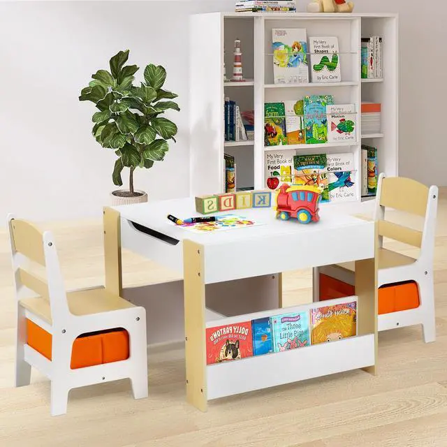 Alt view image 2 of 6 - Kids Table and Chair Set, 4-in-1 Wood Activity Table w/Storage Bins, Detachable Tabletop, Blackboard, Bookshelf, Toddler Table and Chairs for Crafts/Drawing/Reading/Playing, Natural & Orange