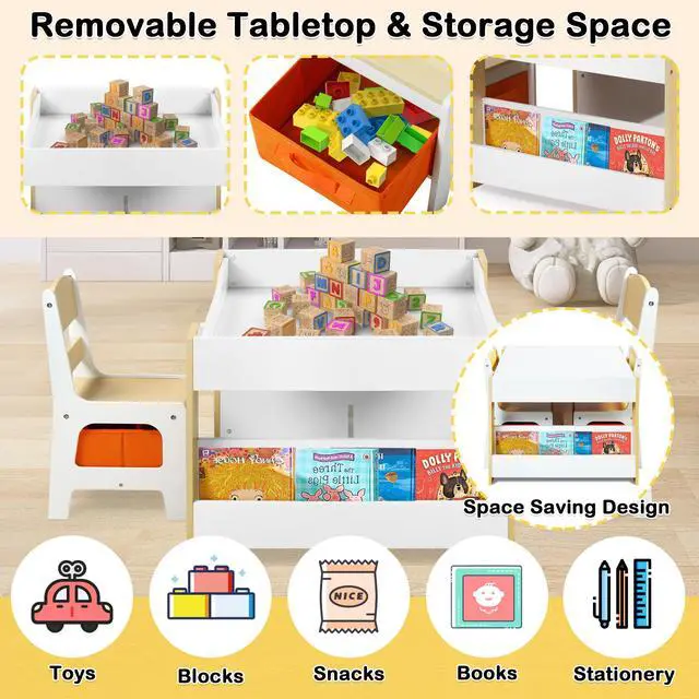 Alt view image 4 of 6 - Kids Table and Chair Set, 4-in-1 Wood Activity Table w/Storage Bins, Detachable Tabletop, Blackboard, Bookshelf, Toddler Table and Chairs for Crafts/Drawing/Reading/Playing, Natural & Orange