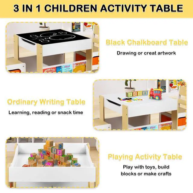 Alt view image 5 of 6 - Kids Table and Chair Set, 4-in-1 Wood Activity Table w/Storage Bins, Detachable Tabletop, Blackboard, Bookshelf, Toddler Table and Chairs for Crafts/Drawing/Reading/Playing, Natural & Orange