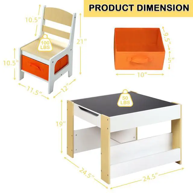 Alt view image 6 of 6 - Kids Table and Chair Set, 4-in-1 Wood Activity Table w/Storage Bins, Detachable Tabletop, Blackboard, Bookshelf, Toddler Table and Chairs for Crafts/Drawing/Reading/Playing, Natural & Orange