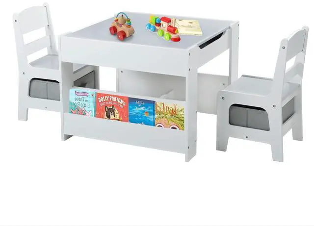 Main image of Kids Table and Chair Set, 4-in-1 Wooden Activity Table w/Storage Bins, Detachable Tabletop, Blackboard, Bookshelf, Toddler Table and Chairs for Crafts/Drawing/Reading/Playing, Gray & White
