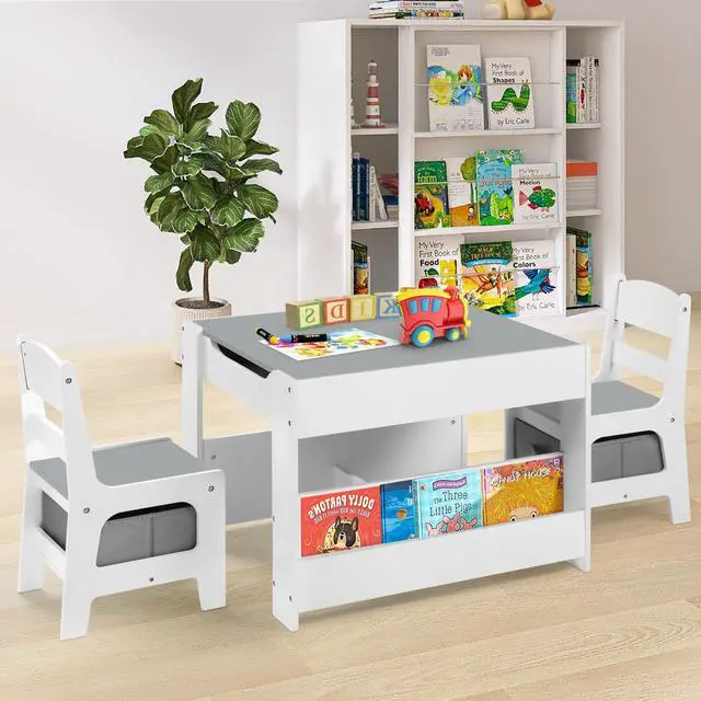 Alt view image 2 of 6 - Kids Table and Chair Set, 4-in-1 Wooden Activity Table w/Storage Bins, Detachable Tabletop, Blackboard, Bookshelf, Toddler Table and Chairs for Crafts/Drawing/Reading/Playing, Gray & White