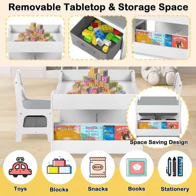 Alt view image 4 of 6 - Kids Table and Chair Set, 4-in-1 Wooden Activity Table w/Storage Bins, Detachable Tabletop, Blackboard, Bookshelf, Toddler Table and Chairs for Crafts/Drawing/Reading/Playing, Gray & White