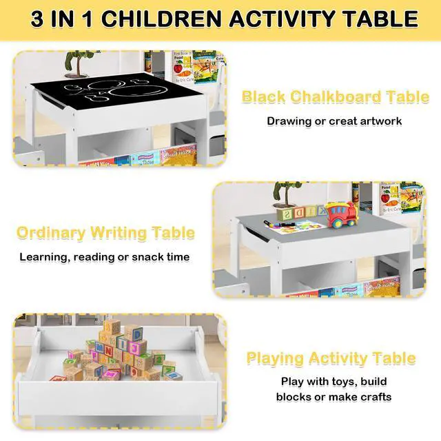 Alt view image 5 of 6 - Kids Table and Chair Set, 4-in-1 Wooden Activity Table w/Storage Bins, Detachable Tabletop, Blackboard, Bookshelf, Toddler Table and Chairs for Crafts/Drawing/Reading/Playing, Gray & White