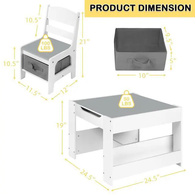 Alt view image 6 of 6 - Kids Table and Chair Set, 4-in-1 Wooden Activity Table w/Storage Bins, Detachable Tabletop, Blackboard, Bookshelf, Toddler Table and Chairs for Crafts/Drawing/Reading/Playing, Gray & White