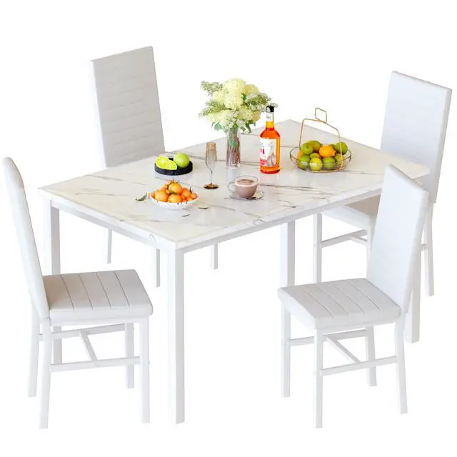 Main image of Dining Table Set for 4, 5-Piece Faux Marble Dinner Table Set with 4 Upholstered PU Leather Chairs Kitchen Table Chairs Set Modern Space-Saving Dinette Set for Breakfast Nook Apartment White