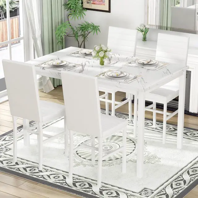 Alt view image 2 of 6 - Dining Table Set for 4, 5-Piece Faux Marble Dinner Table Set with 4 Upholstered PU Leather Chairs Kitchen Table Chairs Set Modern Space-Saving Dinette Set for Breakfast Nook Apartment White