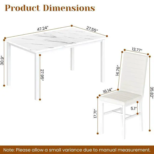Alt view image 3 of 6 - Dining Table Set for 4, 5-Piece Faux Marble Dinner Table Set with 4 Upholstered PU Leather Chairs Kitchen Table Chairs Set Modern Space-Saving Dinette Set for Breakfast Nook Apartment White
