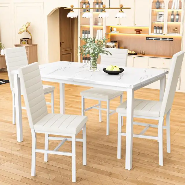 Alt view image 4 of 6 - Dining Table Set for 4, 5-Piece Faux Marble Dinner Table Set with 4 Upholstered PU Leather Chairs Kitchen Table Chairs Set Modern Space-Saving Dinette Set for Breakfast Nook Apartment White