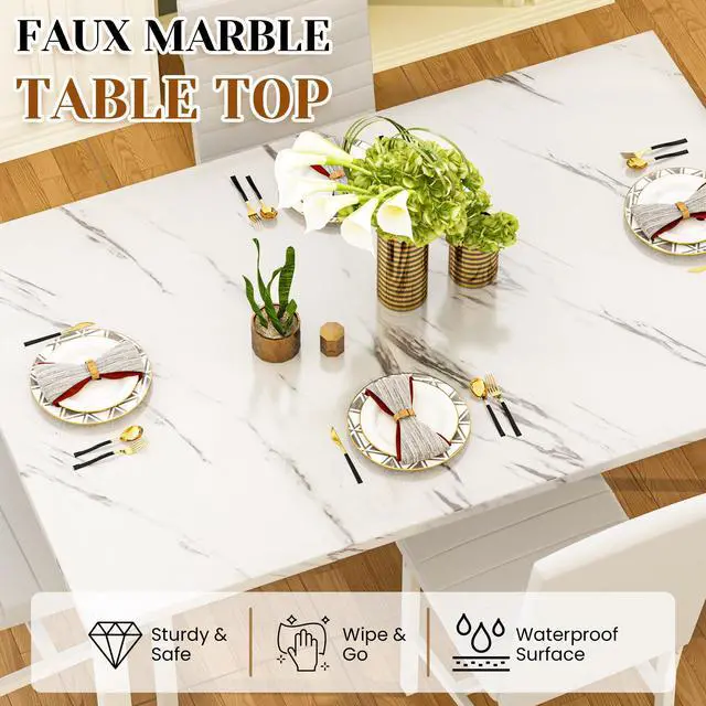 Alt view image 5 of 6 - Dining Table Set for 4, 5-Piece Faux Marble Dinner Table Set with 4 Upholstered PU Leather Chairs Kitchen Table Chairs Set Modern Space-Saving Dinette Set for Breakfast Nook Apartment White