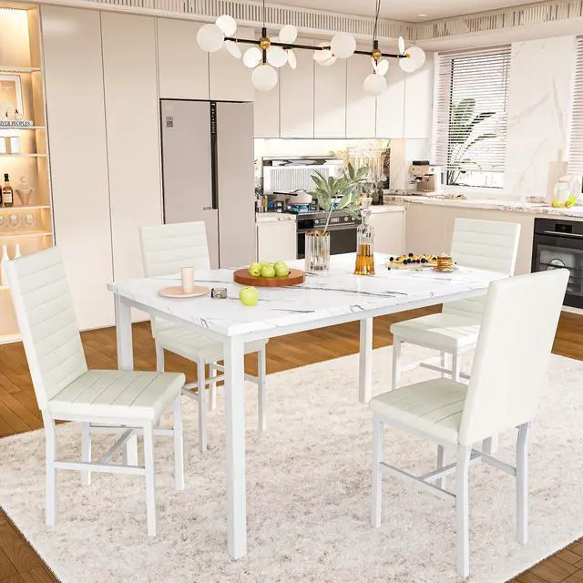 Alt view image 6 of 6 - Dining Table Set for 4, 5-Piece Faux Marble Dinner Table Set with 4 Upholstered PU Leather Chairs Kitchen Table Chairs Set Modern Space-Saving Dinette Set for Breakfast Nook Apartment White