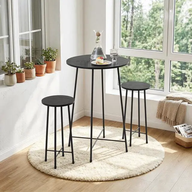 Alt view image 2 of 6 - 3 Piece Pub Table and Chairs Sets Counter Height Bistro Bar Sets with 2 Barstools for Kitchen Breakfast Nook, Small Space, Apartment, Breakfast Dinner Restaurant, Black
