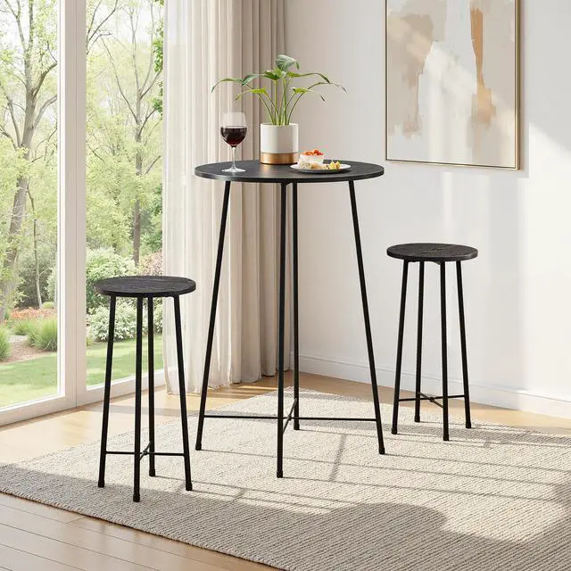 Alt view image 3 of 6 - 3 Piece Pub Table and Chairs Sets Counter Height Bistro Bar Sets with 2 Barstools for Kitchen Breakfast Nook, Small Space, Apartment, Breakfast Dinner Restaurant, Black