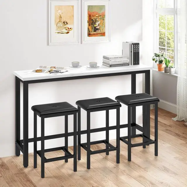 Main image of 4-Piece Bar Table and Chairs Set with 3 PU Upholstered Bar Stools, 60.2" Faux Marble Table Top, Modern Counter Height Table for Kitchen, Living Room, Party Room, Small Space, Pub (Black)