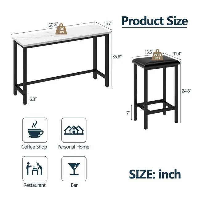 Alt view image 2 of 6 - 4-Piece Bar Table and Chairs Set with 3 PU Upholstered Bar Stools, 60.2" Faux Marble Table Top, Modern Counter Height Table for Kitchen, Living Room, Party Room, Small Space, Pub (Black)