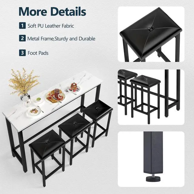 Alt view image 3 of 6 - 4-Piece Bar Table and Chairs Set with 3 PU Upholstered Bar Stools, 60.2" Faux Marble Table Top, Modern Counter Height Table for Kitchen, Living Room, Party Room, Small Space, Pub (Black)