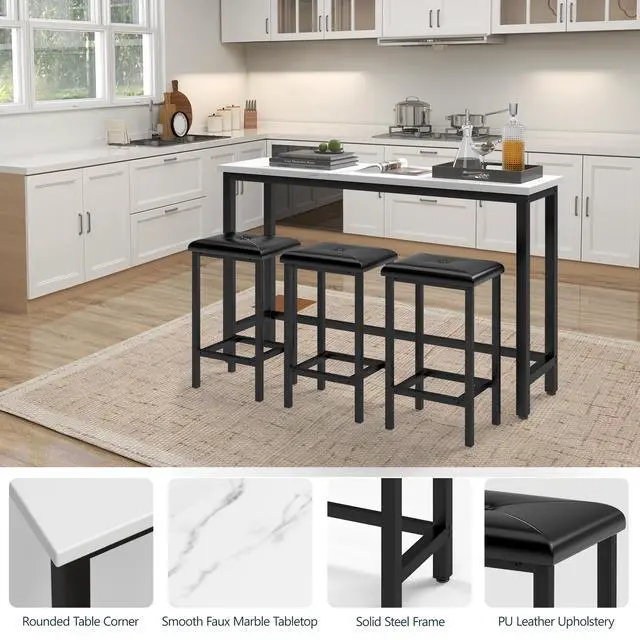 Alt view image 5 of 6 - 4-Piece Bar Table and Chairs Set with 3 PU Upholstered Bar Stools, 60.2" Faux Marble Table Top, Modern Counter Height Table for Kitchen, Living Room, Party Room, Small Space, Pub (Black)