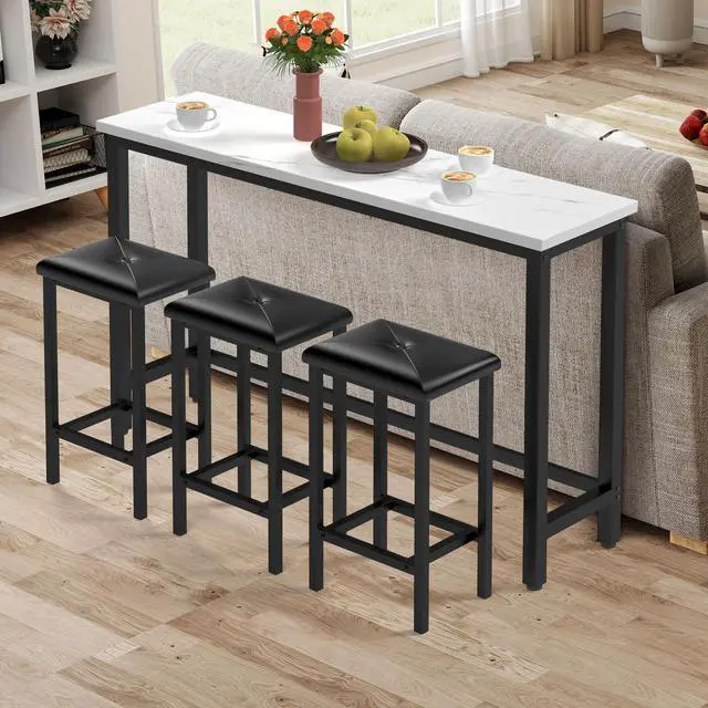 Alt view image 6 of 6 - 4-Piece Bar Table and Chairs Set with 3 PU Upholstered Bar Stools, 60.2" Faux Marble Table Top, Modern Counter Height Table for Kitchen, Living Room, Party Room, Small Space, Pub (Black)