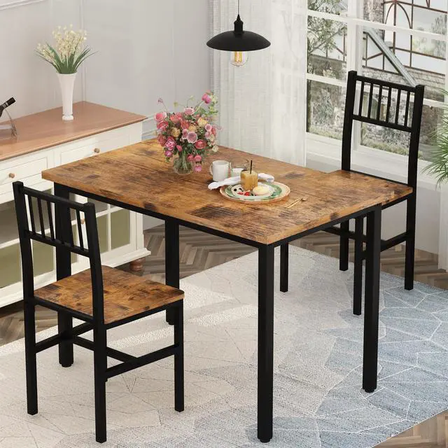 Alt view image 3 of 6 - Small Kitchen Table Set for 2, Industrial Dining Breakfast Table and 2 Chairs, 3 Pieces Dining Table Set for Dining Room, Living Room, Apartment, Small Space (Retro Brown)