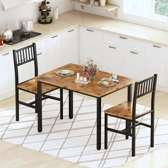 Alt view image 4 of 6 - Small Kitchen Table Set for 2, Industrial Dining Breakfast Table and 2 Chairs, 3 Pieces Dining Table Set for Dining Room, Living Room, Apartment, Small Space (Retro Brown)