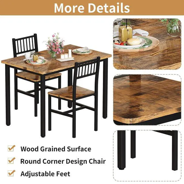Alt view image 6 of 6 - Small Kitchen Table Set for 2, Industrial Dining Breakfast Table and 2 Chairs, 3 Pieces Dining Table Set for Dining Room, Living Room, Apartment, Small Space (Retro Brown)