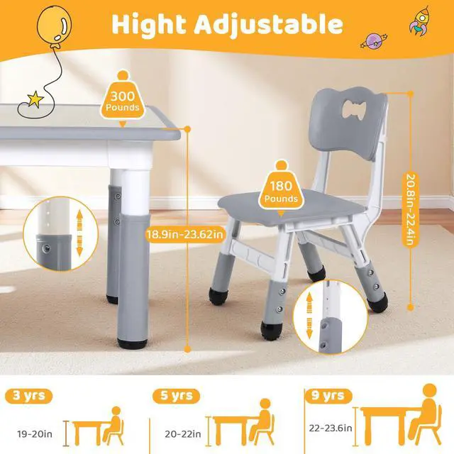 Alt view image 4 of 6 - Kids Table and 2 Chairs Set, Height Adjustable Toddler Desk, Baby Activity Art Table with Wipe-Clean Desktop, Ergonomic Chair, Anti-Slip Legs, Montessori Education for Daycare, Home, Preschool