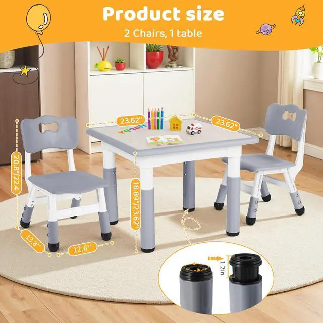 Alt view image 5 of 6 - Kids Table and 2 Chairs Set, Height Adjustable Toddler Desk, Baby Activity Art Table with Wipe-Clean Desktop, Ergonomic Chair, Anti-Slip Legs, Montessori Education for Daycare, Home, Preschool