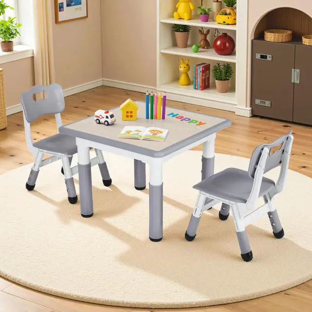 Alt view image 6 of 6 - Kids Table and 2 Chairs Set, Height Adjustable Toddler Desk, Baby Activity Art Table with Wipe-Clean Desktop, Ergonomic Chair, Anti-Slip Legs, Montessori Education for Daycare, Home, Preschool