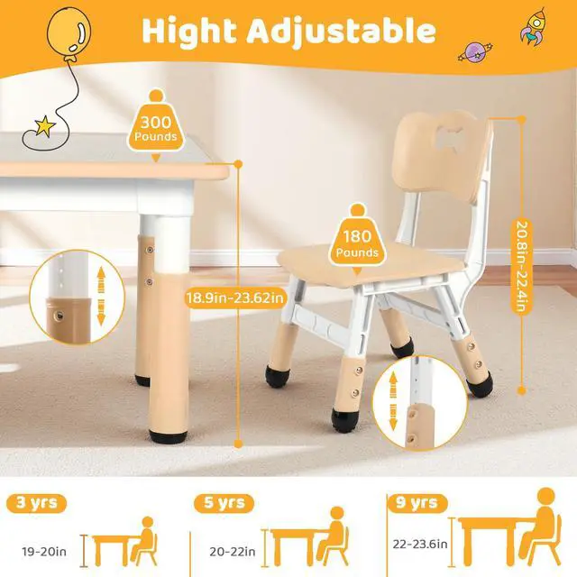 Alt view image 4 of 6 - Kids Table and 2 Chairs Set, Height Adjustable Toddler Desk, Baby Activity Art Table with Wipe-Clean Desktop, Ergonomic Chair, Anti-Slip Legs, Montessori Education for Daycare, Home, Preschool