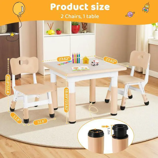 Alt view image 5 of 6 - Kids Table and 2 Chairs Set, Height Adjustable Toddler Desk, Baby Activity Art Table with Wipe-Clean Desktop, Ergonomic Chair, Anti-Slip Legs, Montessori Education for Daycare, Home, Preschool