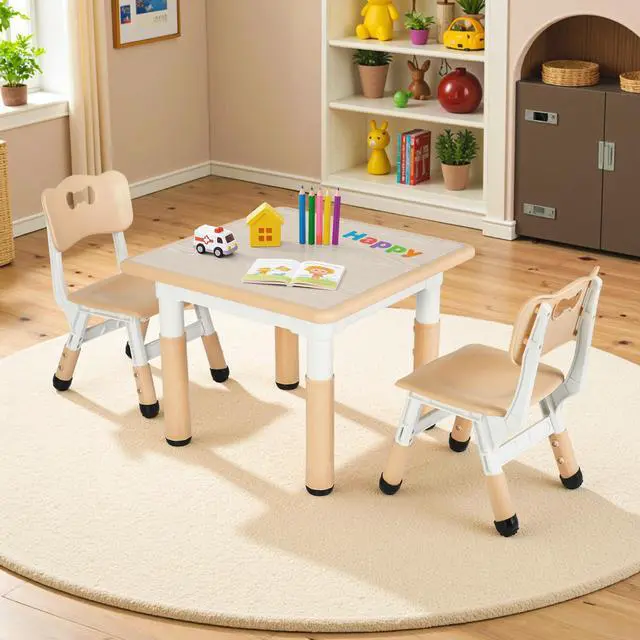 Alt view image 6 of 6 - Kids Table and 2 Chairs Set, Height Adjustable Toddler Desk, Baby Activity Art Table with Wipe-Clean Desktop, Ergonomic Chair, Anti-Slip Legs, Montessori Education for Daycare, Home, Preschool