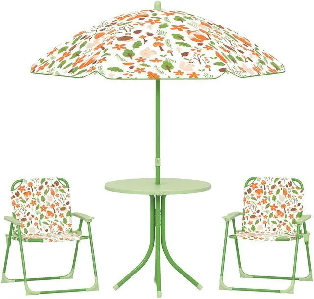 Main image of Kids Picnic Table and Chair Set, Outdoor Activity Table with Foldable Chairs, Removable Umbrella, Fox Pattern Toddler Patio Furniture for Backyard, Garden, Green