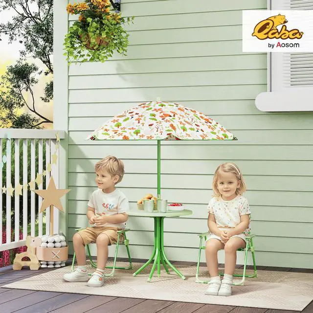 Alt view image 2 of 6 - Kids Picnic Table and Chair Set, Outdoor Activity Table with Foldable Chairs, Removable Umbrella, Fox Pattern Toddler Patio Furniture for Backyard, Garden, Green