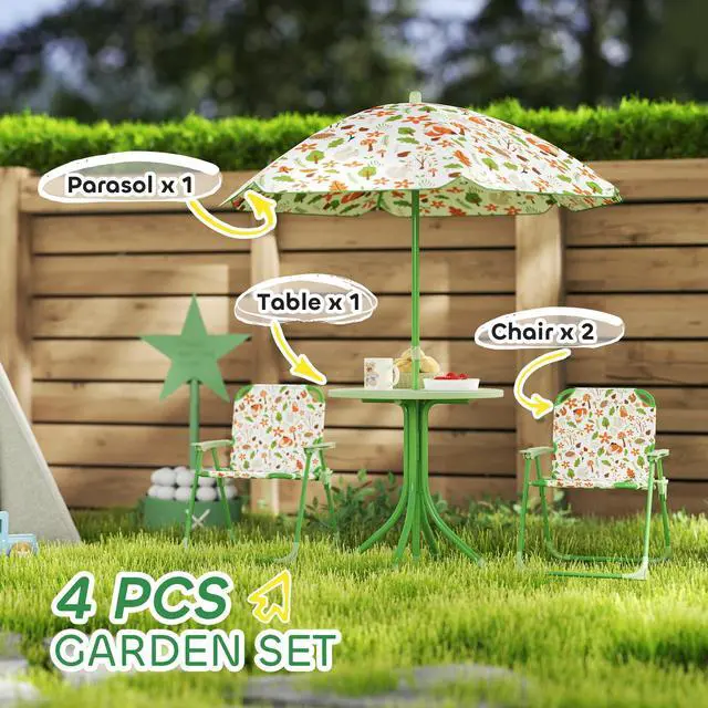 Alt view image 3 of 6 - Kids Picnic Table and Chair Set, Outdoor Activity Table with Foldable Chairs, Removable Umbrella, Fox Pattern Toddler Patio Furniture for Backyard, Garden, Green