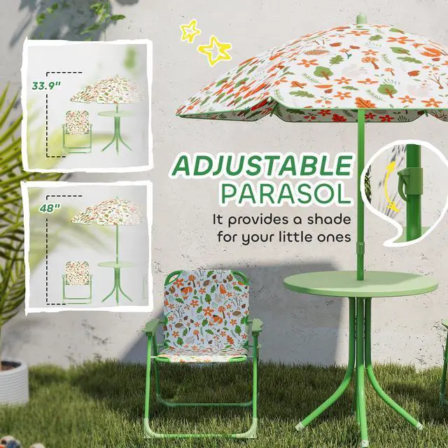 Alt view image 4 of 6 - Kids Picnic Table and Chair Set, Outdoor Activity Table with Foldable Chairs, Removable Umbrella, Fox Pattern Toddler Patio Furniture for Backyard, Garden, Green