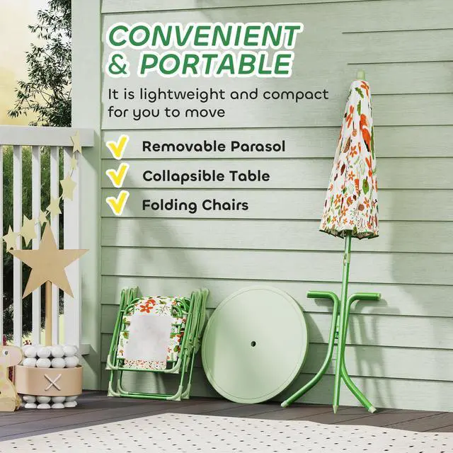 Alt view image 5 of 6 - Kids Picnic Table and Chair Set, Outdoor Activity Table with Foldable Chairs, Removable Umbrella, Fox Pattern Toddler Patio Furniture for Backyard, Garden, Green