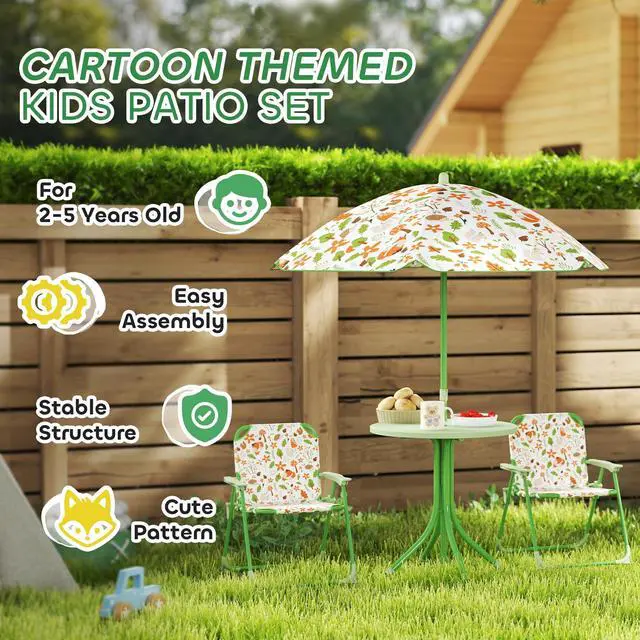 Alt view image 6 of 6 - Kids Picnic Table and Chair Set, Outdoor Activity Table with Foldable Chairs, Removable Umbrella, Fox Pattern Toddler Patio Furniture for Backyard, Garden, Green