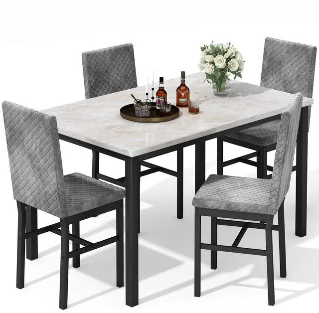 Main image of Dining Room Table Set for 4 Faux Marble 5 Piece Dining Table with 4 Modern Upholstered Velvet Chairs for Small Space, Home Kitchen, Apartment,Grey