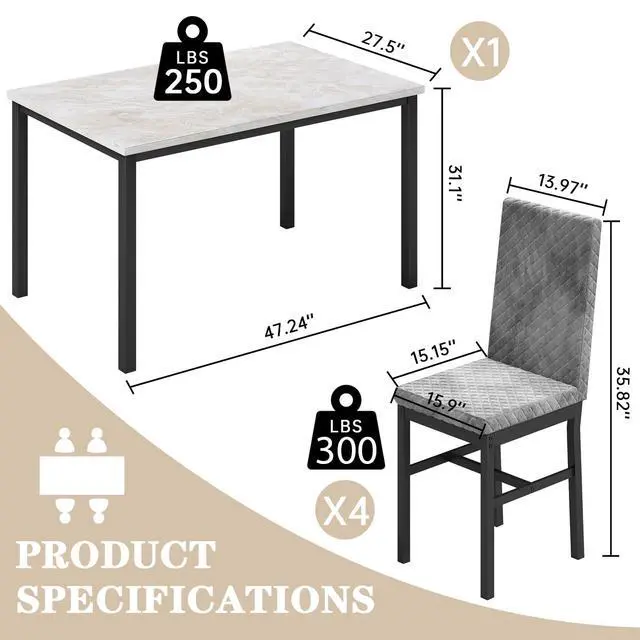 Alt view image 2 of 6 - Dining Room Table Set for 4 Faux Marble 5 Piece Dining Table with 4 Modern Upholstered Velvet Chairs for Small Space, Home Kitchen, Apartment,Grey