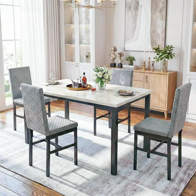 Alt view image 3 of 6 - Dining Room Table Set for 4 Faux Marble 5 Piece Dining Table with 4 Modern Upholstered Velvet Chairs for Small Space, Home Kitchen, Apartment,Grey