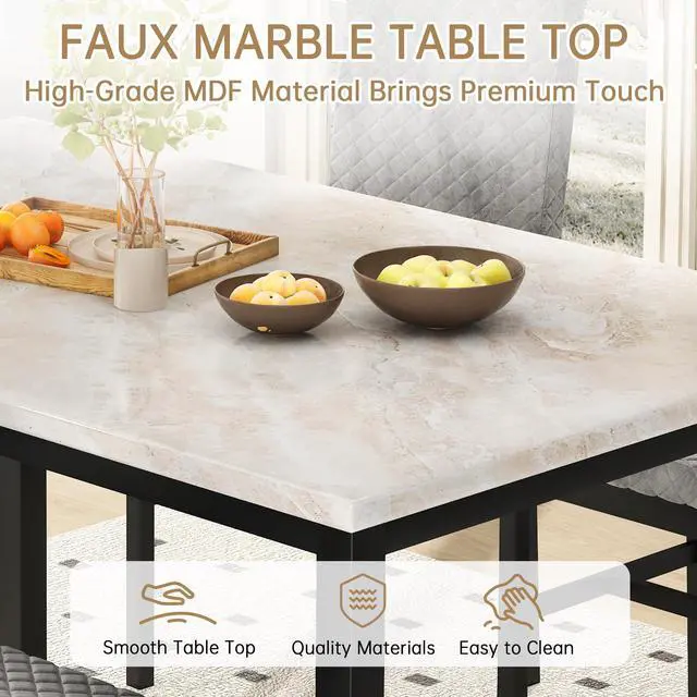 Alt view image 4 of 6 - Dining Room Table Set for 4 Faux Marble 5 Piece Dining Table with 4 Modern Upholstered Velvet Chairs for Small Space, Home Kitchen, Apartment,Grey