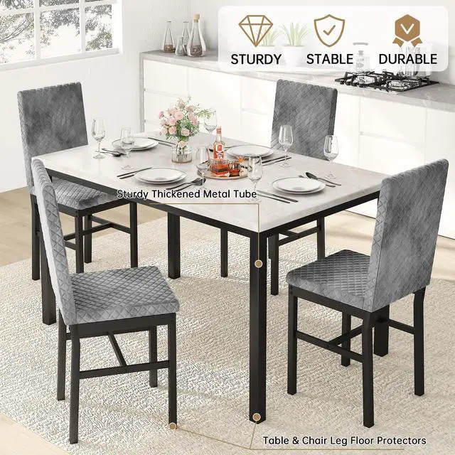 Alt view image 5 of 6 - Dining Room Table Set for 4 Faux Marble 5 Piece Dining Table with 4 Modern Upholstered Velvet Chairs for Small Space, Home Kitchen, Apartment,Grey